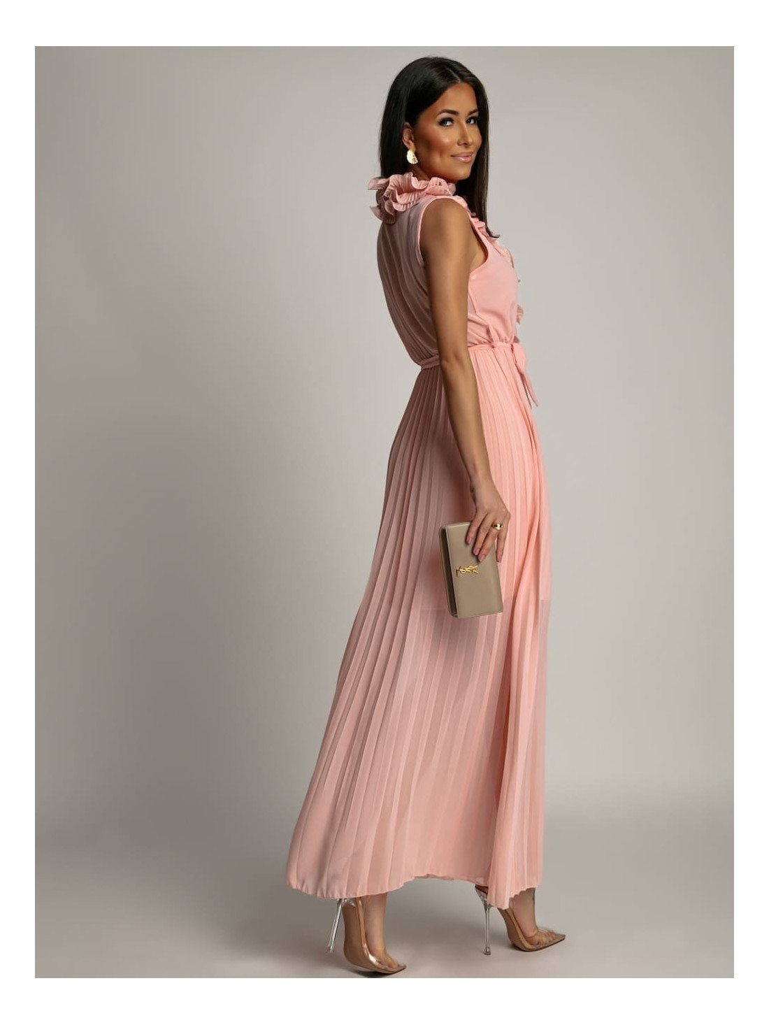 Pleated maxi dress with ruffle, light pink 18968